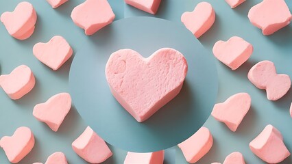 Flat lay top view tasty appetising concept minimal pink heart shape marshmallow pattern on blue pastel background