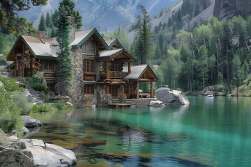 Canvas Print - Serene Lakeside Cabin Surrounded by Majestic Mountains and Lush Forests