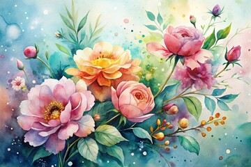 Sticker - Vibrant watercolor splashes enhance a delicate, hand-drawn sketch of blooming florals, subtle texture and soft focus