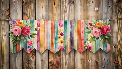 Sticker - Vibrant watercolor stripes and florals adorn a torn-edged banner, softly draped over a rustic wood background, evoking