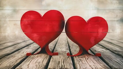 Two red hearts stand on a wooden surface on a light abstract background