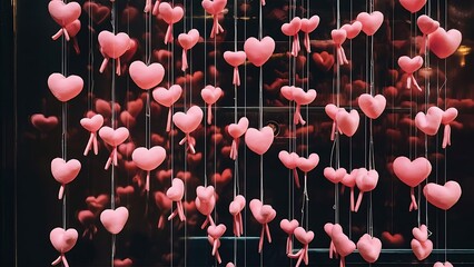 Wall Mural - Many soft pink heart shaped handmade toys hanging on white fishing line against dark glass background