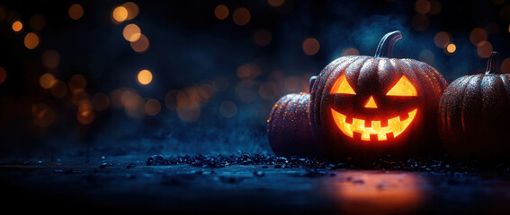 Two halloween lanterns with evil eyes and face on a wood table with a spooky dark blue background at night with light bokeh.