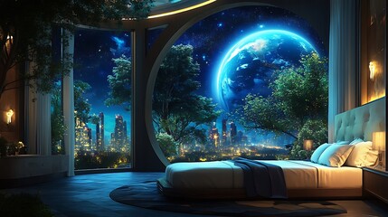 Canvas Print - Futuristic Bedroom with Earth as Moon in the Night Sky.