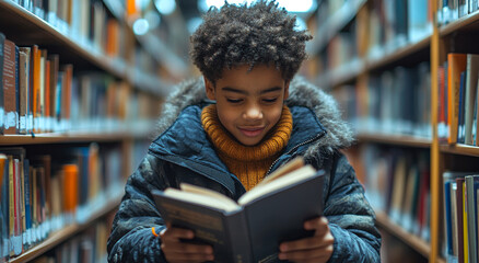 A young boy is reading a book in a library. He is wearing a black jacket and a yellow sweater