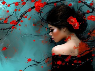 Artistic portrait of a beautiful woman with long black hair adorned with red flowers. The vibrant colors and serene expression evoke themes of beauty and tranquility.