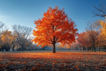 Wall Mural - Vibrant autumn scene in city park  orange trees, green grass, and golden red leaves display