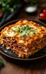 Wall Mural - A large lasagna with meat and cheese on a black plate. The dish is topped with parsley and cheese