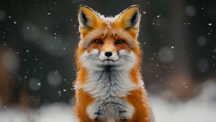 Wall Mural - A fox is standing in the snow with its head up and looking at the camera. The image has a moody and mysterious feel to it, as the fox is the only living creature visible in the scene