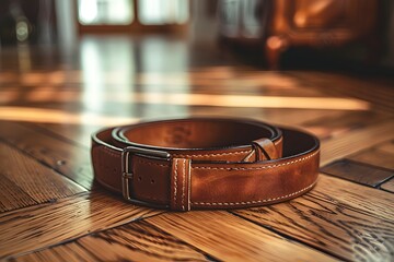 Canvas Print - Elegant Brown Leather Belt on Wooden Floor