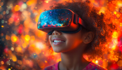 Wall Mural - A young girl wearing a virtual reality headset is smiling. Concept of excitement and wonder as the girl experiences the virtual world