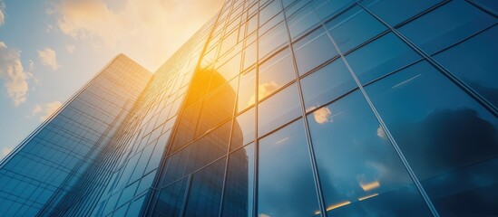 Poster - Glass Facade of a Modern Skyscraper Reflecting Clouds and Sunlight