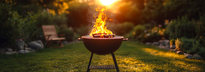 Wall Mural - A grill is lit up with a fire in it. The fire is orange and yellow. The grill is in a grassy area