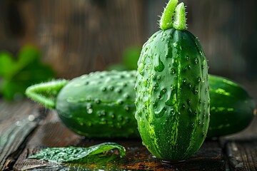 Wall Mural - Fresh and Dewy Cucumbers on Rustic Wooden Surface