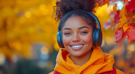 Sticker - A woman wearing headphones and a yellow hoodie. She is smiling and looking at the camera. The image has a warm and friendly mood