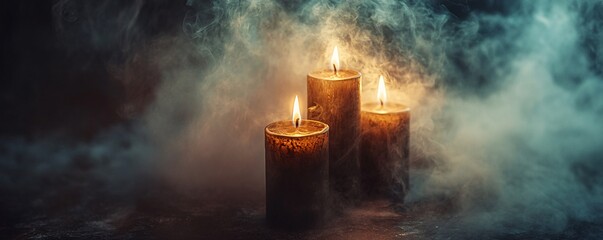 Poster - Three candles are burning in a dark and mysterious place, surrounded by smoke