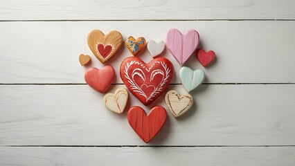 Wooden hearts on white wooden background