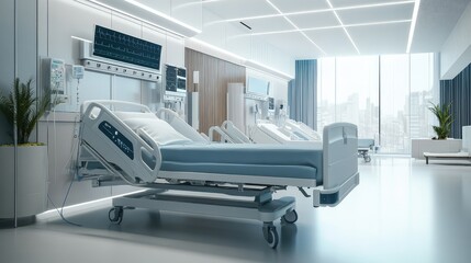 Poster - Modern Hospital Room with a Single Hospital Bed in Focus