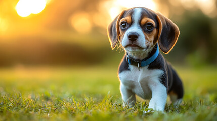 Wall Mural - A small dog is standing in a grassy field. The dog is looking at the camera with a curious expression