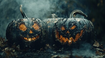 Sticker - Two spooky halloween pumpkins covered in mud are glowing in a dark foggy forest