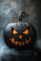 Wall Mural - Spooky jack-o-lantern with glowing eyes rests on a stone amidst swirling smoke