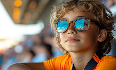 Wall Mural - A young boy wearing sunglasses and an orange shirt is sitting in a crowd. He is looking at something in the distance