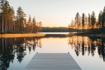 Wall Mural - Serene wooden pier at a tranquil lake surrounded by pine trees during sunset in the wilderness