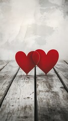 Wall Mural - Two red hearts stand on a wooden surface on a light abstract background