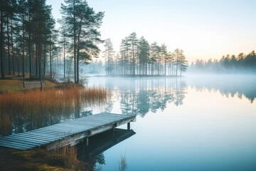 Wall Mural - Tranquil morning at a misty lake with a wooden dock surrounded by tall trees and calm water