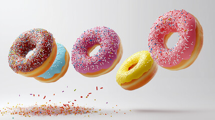 sweet donuts of different colours isolated on white  background , donuts fly over white background