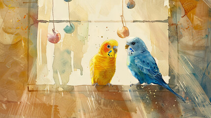 Watercolor illustration of two budgerigars, one yellow and one blue, perched on a window ledge with hanging decorations. Concept of colorful birds, nature, watercolor art, and pet companionship