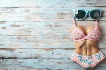 Wall Mural - Summer Fashion: Pink Bikini and Blue Sunglasses on Wooden Background