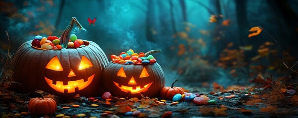 Wall Mural - Two illuminated jack-o-lanterns casting an eerie glow on a forest floor strewn with candy corn