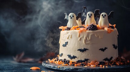 Wall Mural - Spooky halloween layer cake with chocolate and vanilla frosting, sprinkles, and ghost and bat decorations