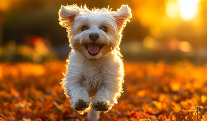 Wall Mural - A white dog is running through a field of autumn leaves. The dog is happy and energetic, and the leaves are falling around it. The scene is lively and playful, with the dog enjoying its time outdoors