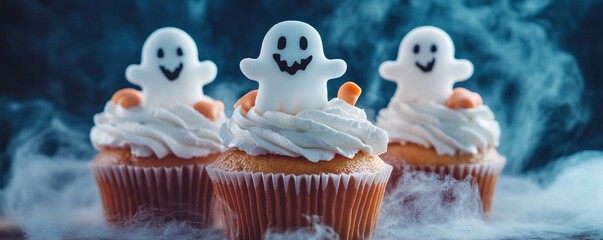 Wall Mural - Spooky halloween cupcakes topped with sugar ghosts and white frosting for a deliciously frightful treat