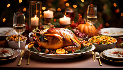 Traditional Thanksgiving dinner served on elaborately, beautiful dinner table