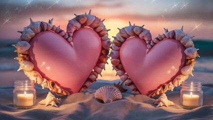 Wall Mural - Two pink heart on sunset beach with bokeh light background