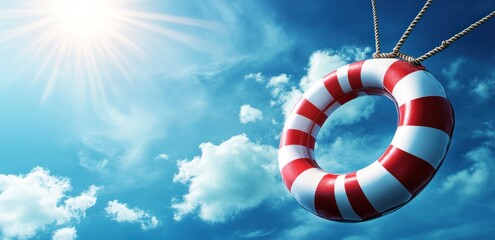 A graphic red and white striped float ring with rope on a blue sky background,