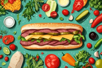 Wall Mural - classic hoagie sandwich flat illustration with variety of fillings, roast beef, cheese, and pickles, fresh vegetables and condiments, emphasizing the colorful and hearty nature of the meal