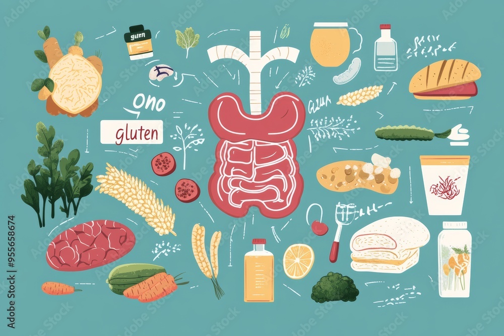 Flat illustration of a stylized infographic explaining celiac disease ...