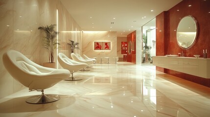 Wall Mural - Modern bathroom interior with white chairs, marble floors, and a large mirror.