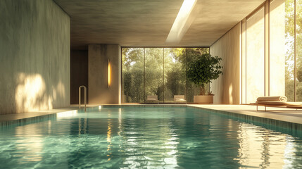 Minimalist indoor swimming pool bathed in sunlight and surrounded by modern architecture and lush greenery