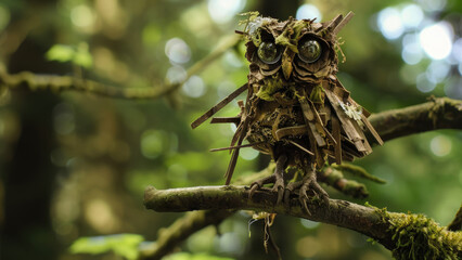 Wall Mural - Wooden owl sculpture intricately designed with natural materials.'