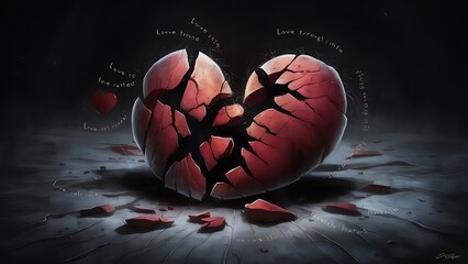 The heart breaks into pieces love turned into hatred dark background