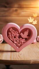 Wall Mural - Pink heart symbol on wood table background concept of love