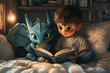 © Inge - Illustration of a young boy reading a book to his pet dragon.  Reading for pleasure concept.