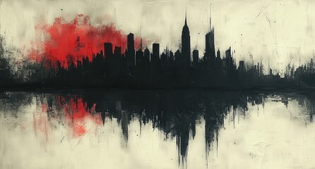 Wall Mural - A black and white painting of an abstract city skyline on aged paper