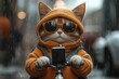© Estebian Darger - Chat en hoodie orange avec lunettes de soleil conduisant un scooter