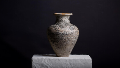 Old ceramic vase on white stone pedestal. Ancient artifact, handcrafted vessel. History and culture